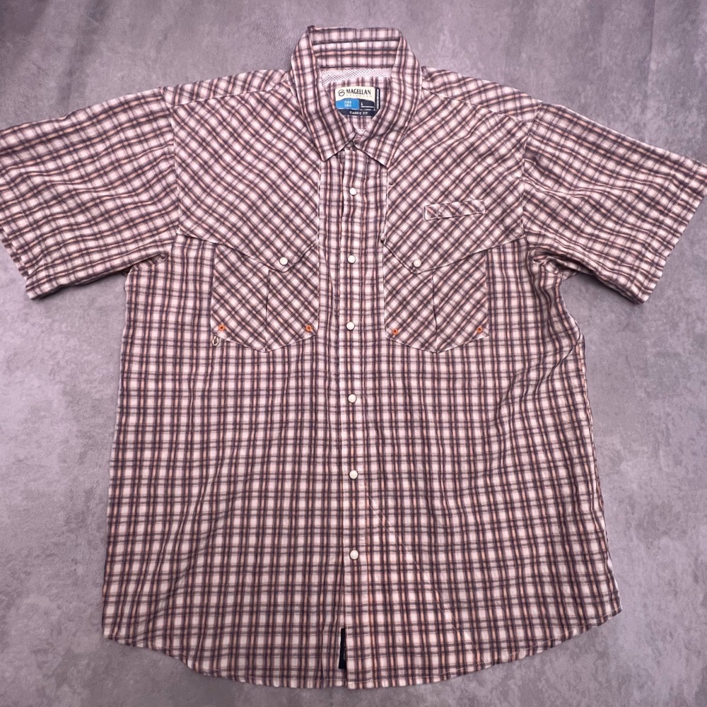 Magellan Outdoors Fish Gear Mens L Orange Blue Plaid Excellent Pearl Snap Shirt